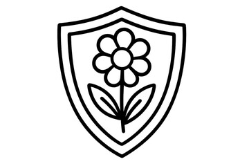 Flower shield outline icon. Natural protection, eco security concept. Floral emblem, plant defense logo. Organic safety, environment guard symbol. Vector line art illustration.