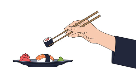 Enjoying a delicious piece of sushi with chopsticks from a plate of fresh Japanese food.