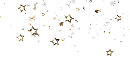 Sparkling gold stars and snowflakes falling on white. Perfect for holidays, celebration, and winter themes.