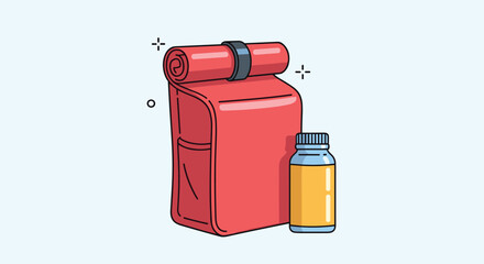 A red lunch bag with a water bottle and rolled up mat next to it.