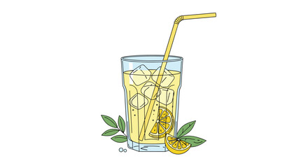Refreshing glass of lemonade with ice and mint leaves on a white background.