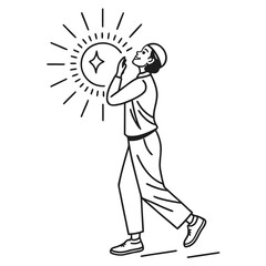 A person wearing a kufi cap looks up with hands clasped in prayer towards a radiant star symbol