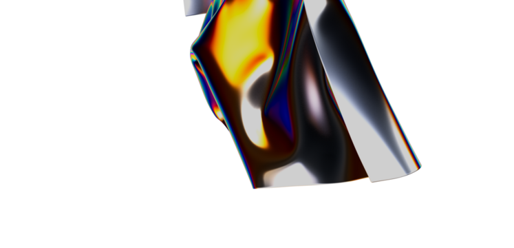 A captivating abstract image with iridescent, metallic texture. The play of light creates colorful reflections, highlighting the fluid, dynamic