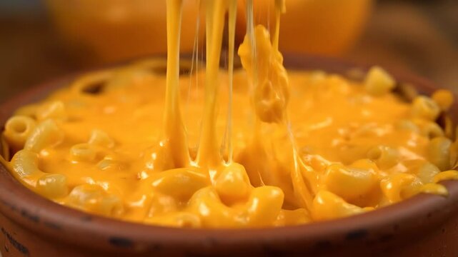 Fork Dives Into Hot Macaroni and Cheese in Brown Bowl, Delicious Dinner Meal