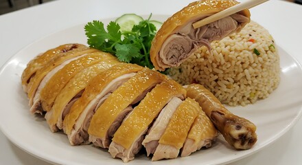 Sliced roasted chicken and rice dish with chopsticks on white plate