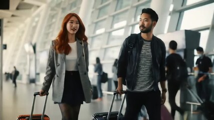 A stylish man and woman walk and talk together through a bright, modern airport terminal with their rolling suitcases. - Powered by Adobe