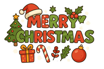 Cartoon Merry Christmas greeting banner. Vector holiday typography illustration set with isolated icons. Santa hat, Xmas tree, gift, candy cane, ornament for celebration.