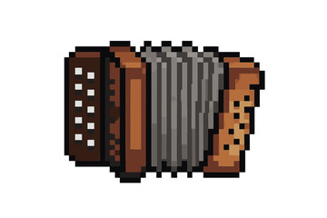 Accordion pixel art icon. 8-bit musical instrument for retro game. Folk music symbol. Vintage squeezebox graphic. Isolated brown bayan vector. Classic concertina illustration.