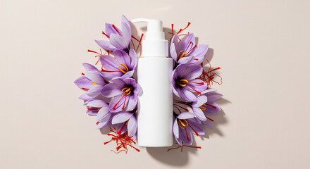  Generated image White cosmetic bottle mockup surrounded by saffron flowers on a neutral background. natural skincare or beauty product concept.