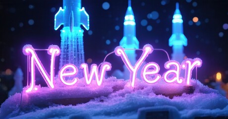 Neon sign displays New Year amid snowy landscape. Rockets illuminate background, creating festive winter scene. Bright colors dominate composition.