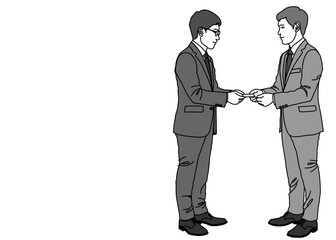 名刺交換する日本人のサラリーマン男性のイラスト 全身横向き モノクロ