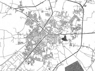 Naklejka premium Hand-drawn style black and white city map of Dewas, India, with detailed streets and textures.