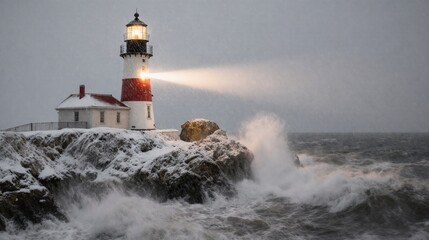 Lighthouse on snowy coast with crashing waves during a winter storm.