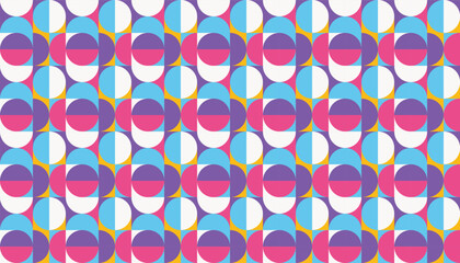Seamless geometric pattern with colorful semi-circles in purple, pink, blue, yellow, and white. Perfect for textiles, wallpapers, packaging, and modern backgrounds