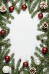 Christmas Holiday Frame with Ornaments and Pine, Mockup