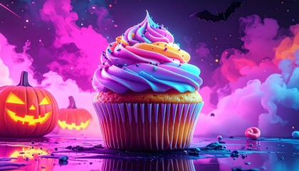 Pastel Halloween Illustration Pop Art Pastel Halloween Cupcake with Neon Colors cute spooky kawaii art for seasonal holiday design and decoration
