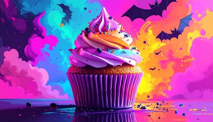 Pastel Halloween Illustration Pop Art Pastel Halloween Cupcake with Neon Colors cute spooky kawaii art for seasonal holiday design and decoration