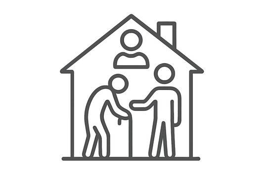 Retirement home thin line icon. Vector of senior with caregiver. Concept for nursing home, assisted living, elderly care, social help, healthcare, and family support.