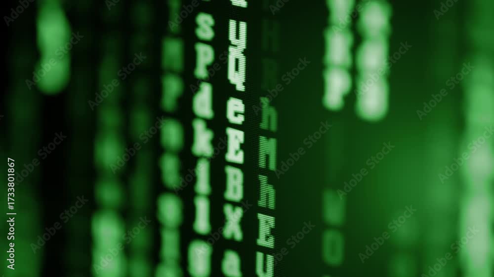 Wall mural close up of computer monitor screen with green programming code matrix, hacker background, software 