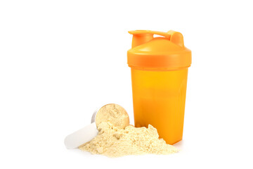 Protein powder.protein shake isolated on white background.Shaker bottle with protein.Food supplement.Whey protein powder with shaker for mixing.Sports nutrition.Concept of sports and healthy lifestyle