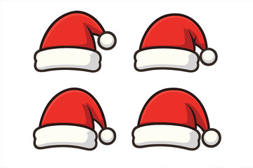 Santa hat vector icon set. Christmas cartoon illustration collection. Festive red holiday hats for winter decoration. Isolated symbols on transparent background. Xmas accessory.
