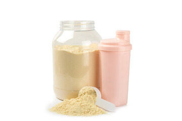 Protein powder.protein shake isolated on white background.Shaker bottle with protein.Food supplement.Whey protein powder with shaker for mixing.Sports nutrition.Concept of sports and healthy lifestyle