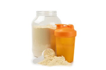 Protein powder.protein shake isolated on white background.Shaker bottle with protein.Food supplement.Whey protein powder with shaker for mixing.Sports nutrition.Concept of sports and healthy lifestyle
