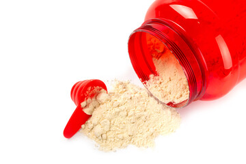 Protein powder.protein shake isolated on white background.Shaker bottle with protein.Food supplement.Whey protein powder with shaker for mixing.Sports nutrition.Concept of sports and healthy lifestyle