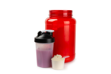 Protein powder.protein shake isolated on white background.Shaker bottle with protein.Food supplement.Whey protein powder with shaker for mixing.Sports nutrition.Concept of sports and healthy lifestyle