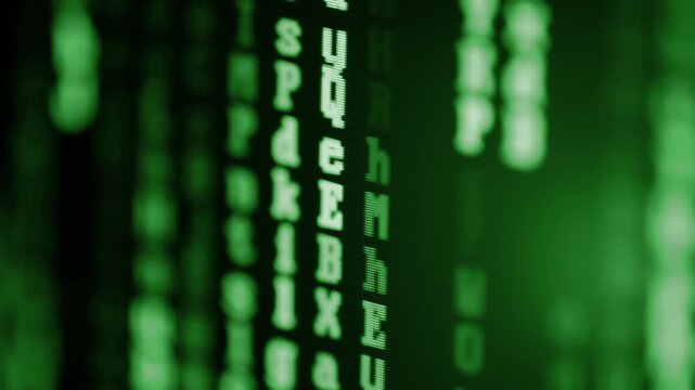 Close up of computer monitor screen with green programming code matrix, hacker background, software development, cyber security, coding technologies and digital innovation concept