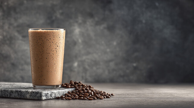 Frothy chilled coffee drink with beans. Refreshing coffee beverage on marble. The ideal cool caffeinated drink for a hot day. Perfect pick-me-up.