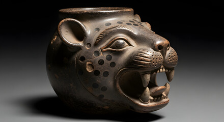 Naklejka premium Ancient ceramic vessel depicting a fierce jaguar head