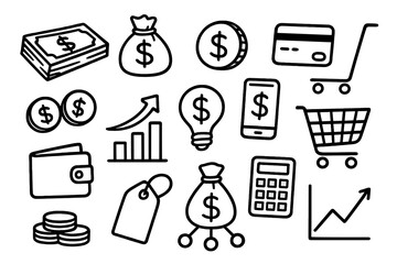 Hand drawn money icon set. Doodle finance and commerce illustration. Vector line art business elements. Cash, coin, wallet, credit card, calculator, chart, graph, shopping cart.