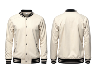 Cream-colored jacket, front and back views, buttoned, with striped collar and cuffs