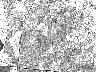 Naklejka premium Illustrated city map of Loni, India, in black and white, showing roads and textures.