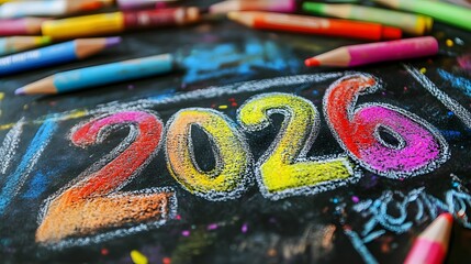 Colorful chalk art of the year 2026 displayed on a blackboard with vibrant crayons scattered around