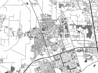 Obraz premium Illustrated city map of Narela, India, in black and white, showing roads and textures.