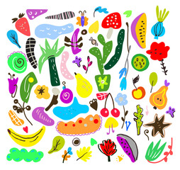 Funny tropic abstact set illustration, design with flowers, fruits, vegetables, forms