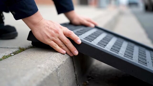 Man Sets up Portable Ramp at Curbside for Accessibility on City Street