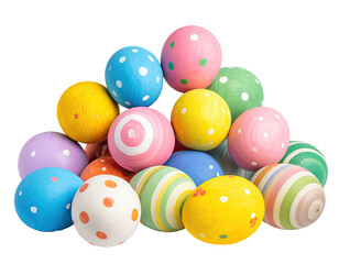 A colorful stack of decorated eggs, various patterns, isolated on black