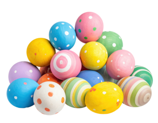 A colorful stack of decorated eggs, various patterns, isolated on black