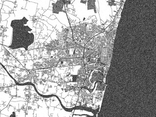 Obraz premium Detailed artistic sketch map of Puducherry, India, in monochrome black and white.
