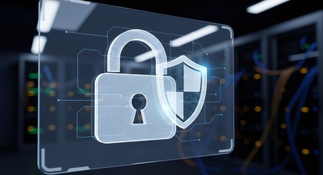 Digital padlock and shield icon against server room background. Cybersecurity protection concept data security and privacy.
