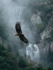 Majestic eagle soars above a misty waterfall in a scenic landscape.