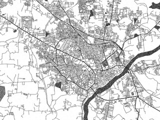Naklejka premium Stylized decorative city map of Shimoga, India, hand-drawn in black and white.