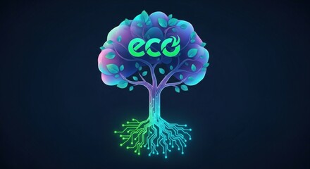 Eco tree with glowing leaves and roots, symbolizing environmental technology and sustainability
