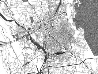 Fototapeta premium Black and white illustrated map of Siliguri, India, with streets, rivers, and neighborhoods.