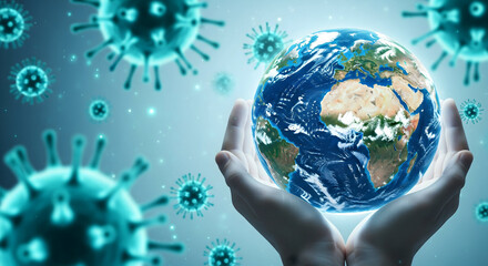 Protecting our planet from disease outbreak, hands cradling Earth globe softly