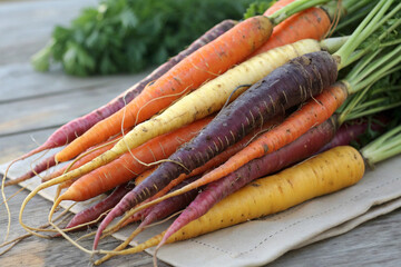 Bunch of Fresh Carrots on Table