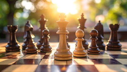 Chess pieces on a board at sunset